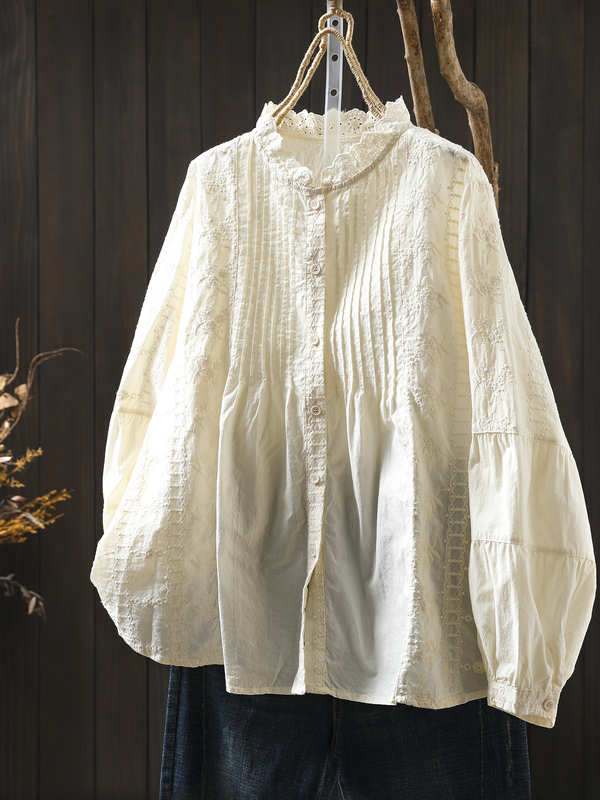 Beautiful French-Style Blouse for Women, 2025 Autumn New Model, Pure Cotton Lace Trim, Stand Collar, Pleated Artistic Shirt