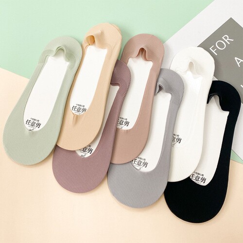 Ice Silk Adjustable Cut Boat Socks for Women, Vertical Stripe Cotton Base, Low-Cut, Invisible, Silicone-Backed, Summer, Solid Color, Non-Slip Socks—Wholesale