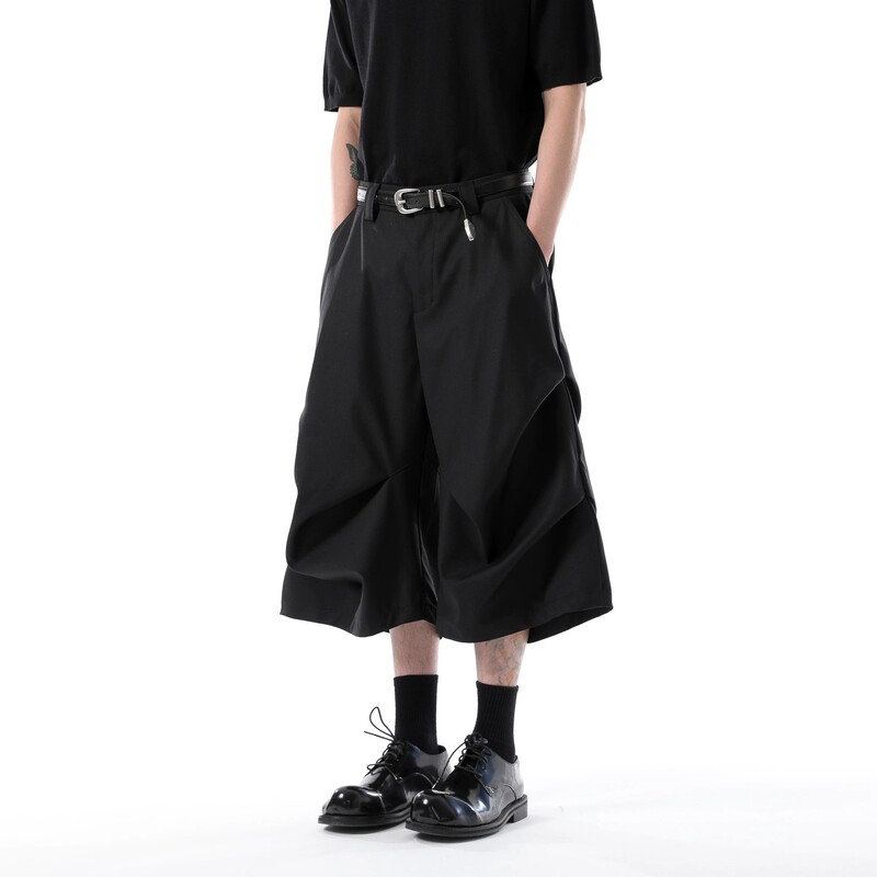 American-Style Pleated Structured Casual Suit Shorts for Men and Women, Niche Loose Wide-Leg Straight Cleanfit Cropped Pants for Summer