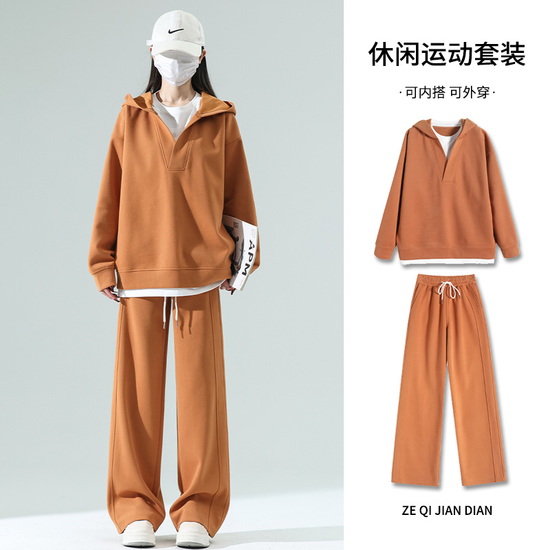 2025 new spring and autumn wear a set of high sense fake two hooded sweater sports wide leg pants suit women