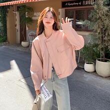 粉色皮衣外套女春秋季新款小个子短款宽松机车服PU皮夹克上衣LD