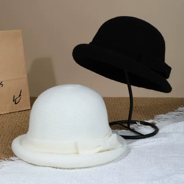 French-style retro woolen hat, Hepburn-style bucket hat with a bow and rolled brim, a versatile and elegant winter hat for women