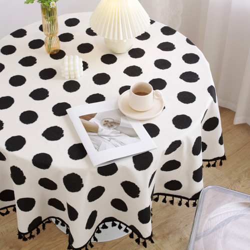 Le Xu Linen and Cotton Small Round Tablecloth, Instagram Style Black and White Simple Thick Linen and Cotton Dining Tablecloth, Bedside Cabinet Cover