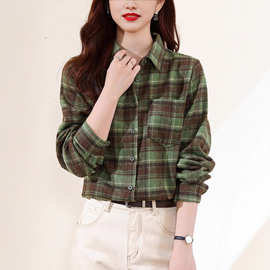 复古格子磨毛衬衫女装长袖秋冬新款宽松叠穿上衣全棉衬衣外套大码