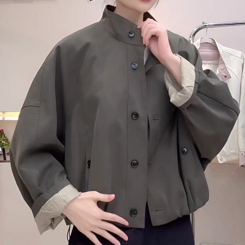 欧货英伦风立领夹克外套女2025新款宽松休闲内里条纹短款风衣上衣|undefined
