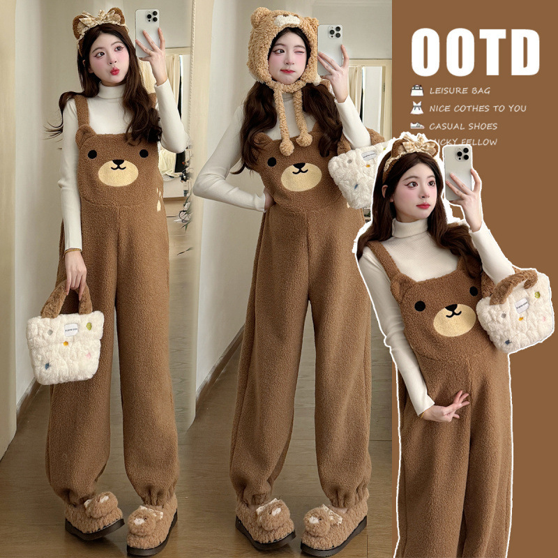 2024 autumn and winter pregnant women suit fleece-lined thickened cute bear pregnant women's suspenders thickened base pregnant women's two-piece set