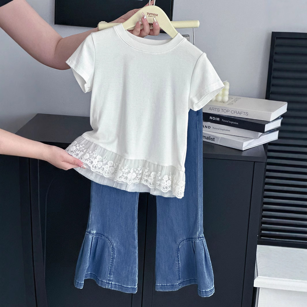 Girls' Short-Sleeved T-Shirt 2025 Summer New Versatile Children's T-Shirt Parent-Child Outfit Lace Splicing Top Trendy Outfit