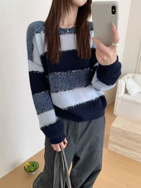 欧货重工条纹撞色羊毛衫女2025秋冬新款丝羊绒圆领宽松针织衫毛衣|undefined
