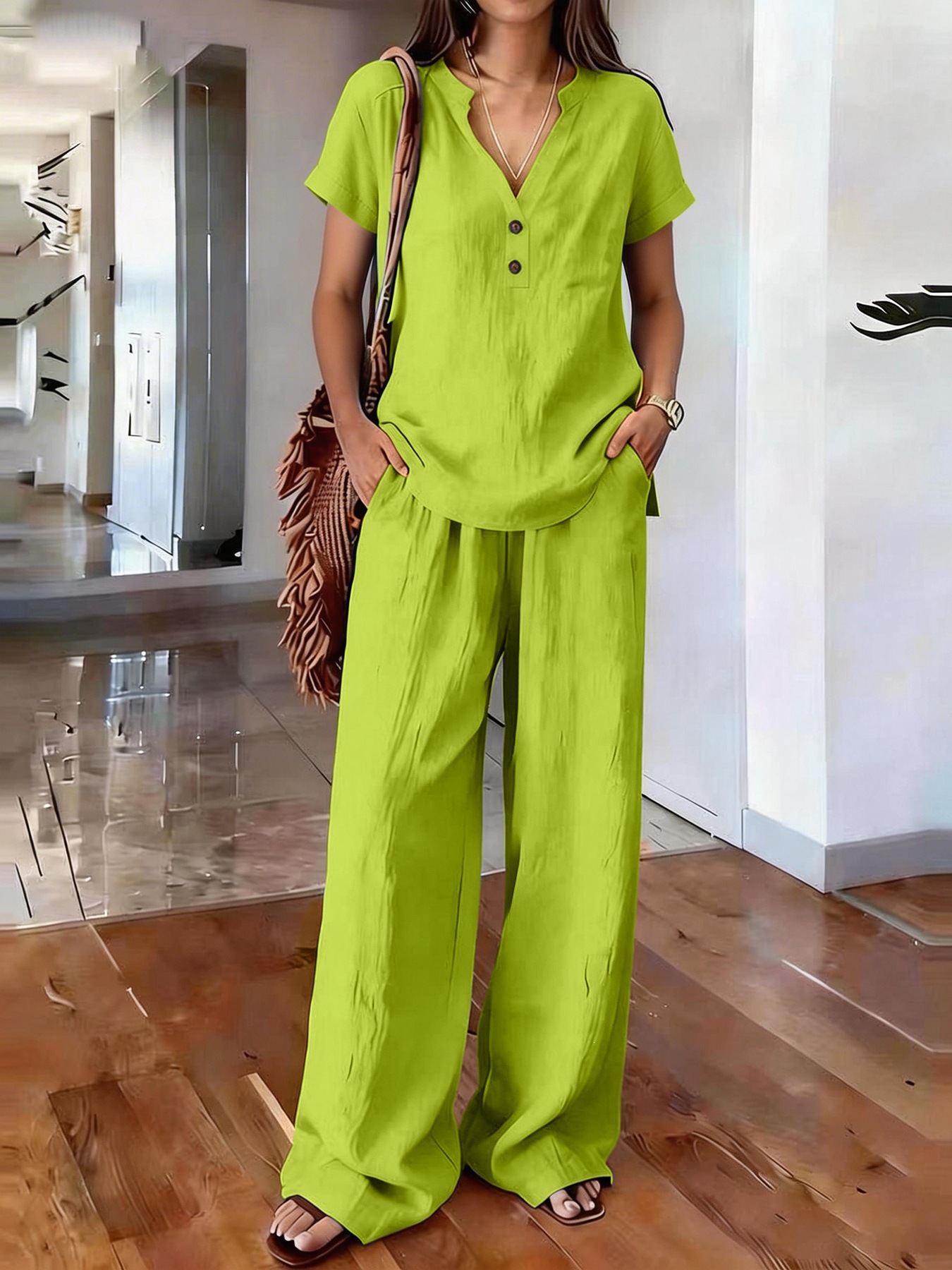 Women's Clothing Women's Casual Cotton Linen Top And Wide Leg Pants Set V Neck Button Up Old Money Style Solid Color_ecoleips.com