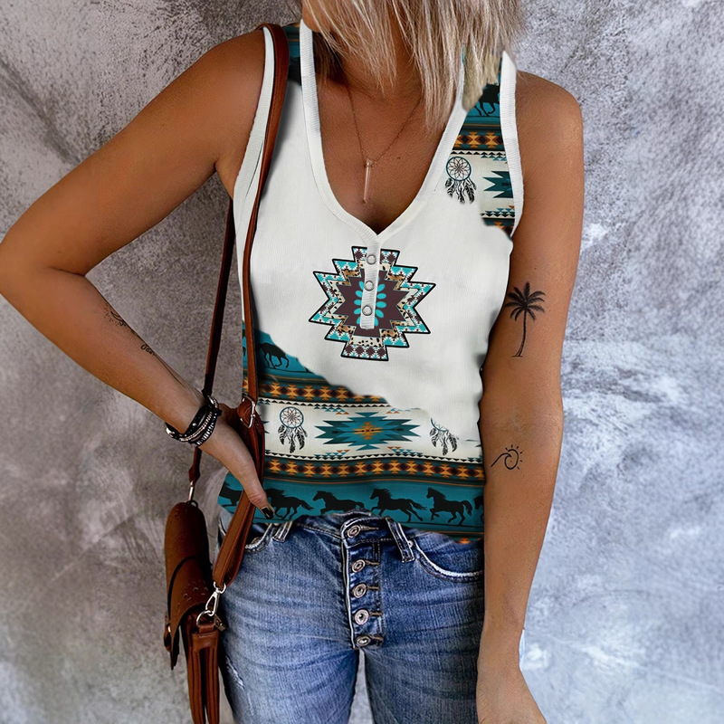 Cross-Border Hot-Selling Independent Site Shein Women's Western Ethnic Style Printed V-Neck Vest with Buttons, Sleeveless, Retro Style Cross-Border Hot-Selling Independent Site Shein Women's Western Ethnic Style Printed V-Neck Vest with Buttons, Sleeveless, Retro Style