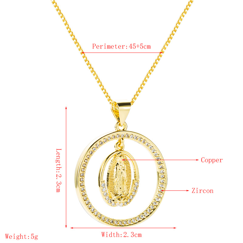 Collier De Zircon Incrusté De Cuivre Avec Pendentif Croix Vierge Marie Creuse Ronde À La Mode display picture 1