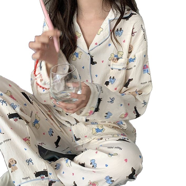 Dolce niña encantadora caricatura perro impresión pijama mujer primavera y otoño nuevo suelto pantalones largos de mangas largas set de ropa para el hogar
