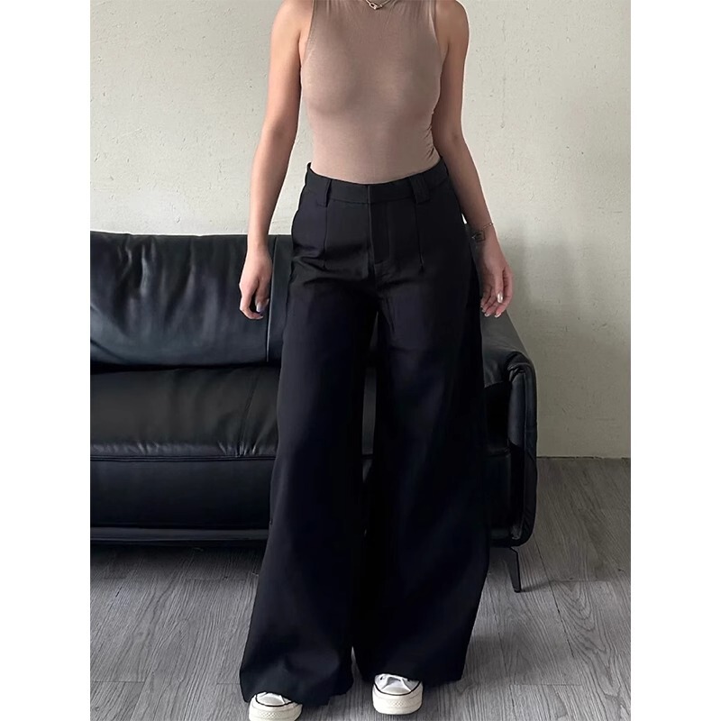 少し太ったmm黒のスーツパンツ女性の夏の新しい大きいサイズの女性のパンツ洋ナシ型の太い脚と広い股のワイドレッグパンツ|undefined