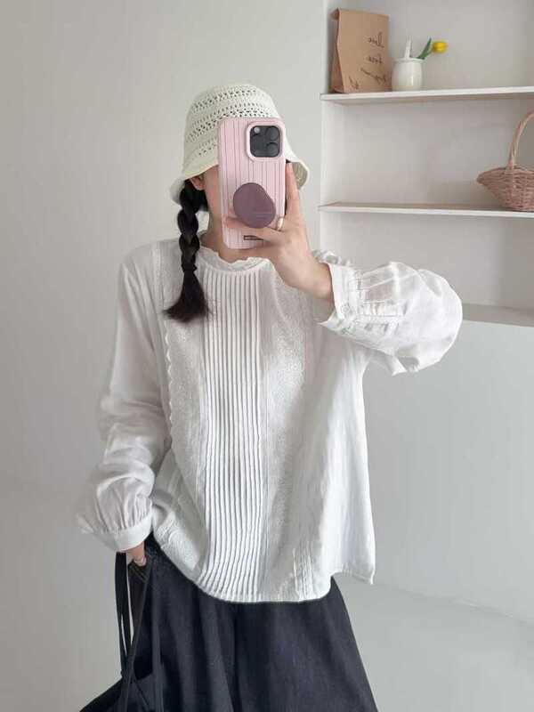 Korean Style New Style Stand Collar Lace Pleated Women's Back Button Women's Long-Sleeved Shirt Wholesale