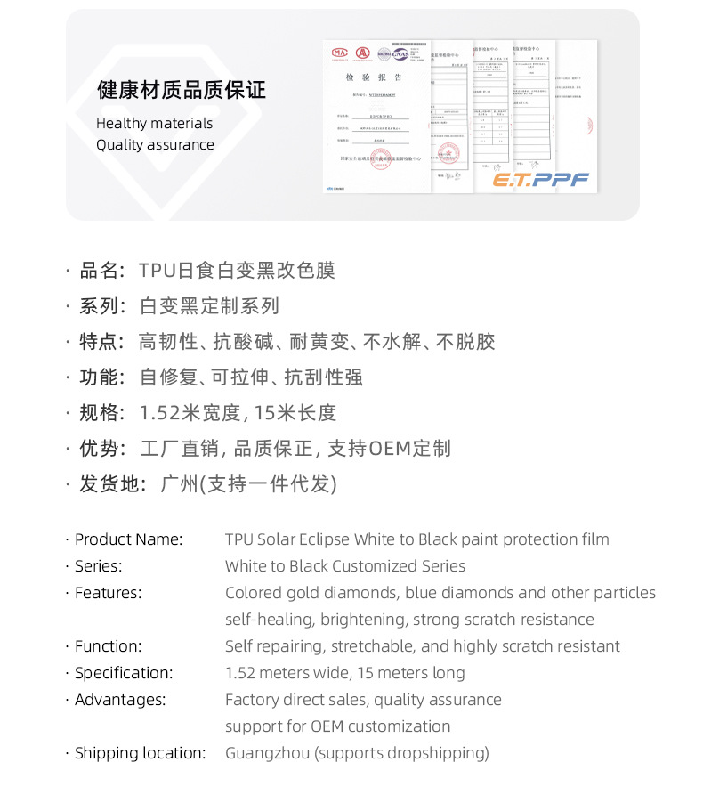 Tpu Solar Eclipse White to Black Color Changing Film Tpu Invisible Car Clothing Color Changing Film Car Sticker Self-Healing Car Paint Protection Film