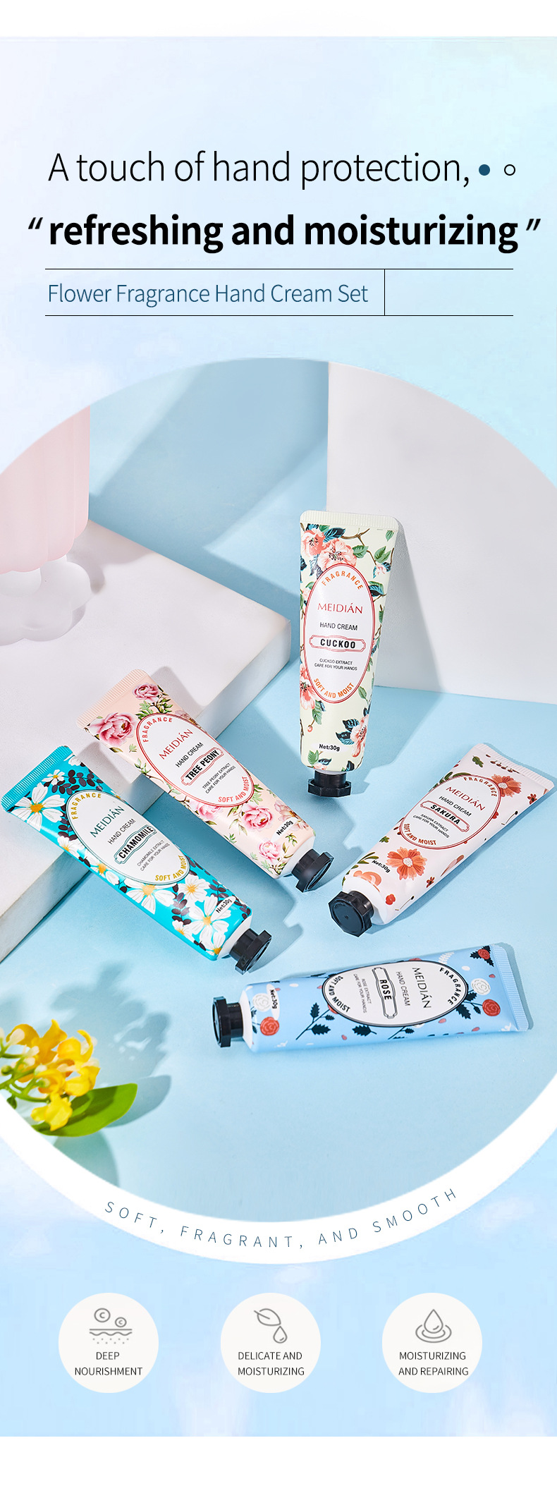 Meidian floral hand cream set 5 pieces bagged hand cream box_voghion.com