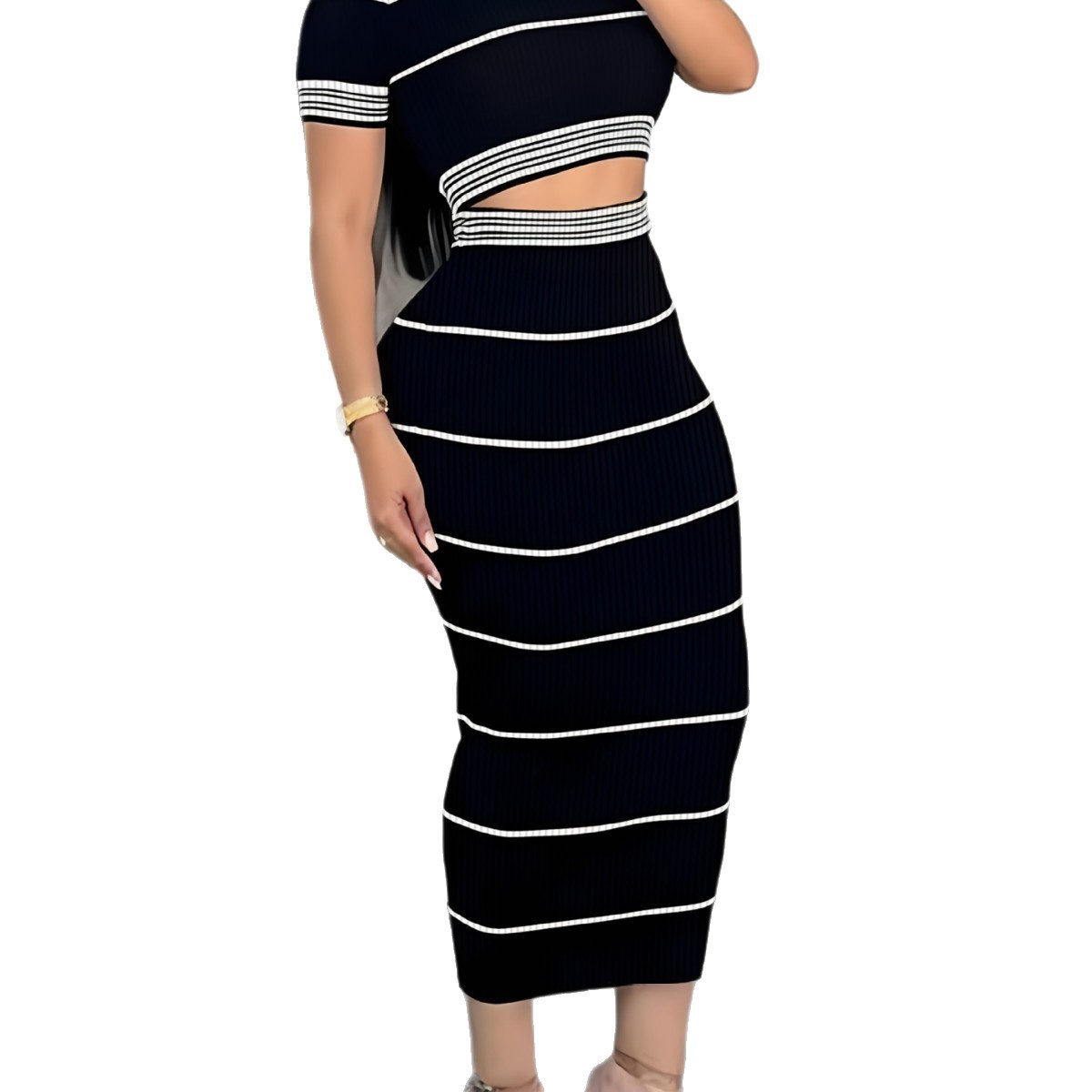 Women's Elegant Retro Short Ribbed Bodycon Skirt Set High End Sexy Short Sleeved Top Bottom Ensemble For Summer_ecoleips.com
