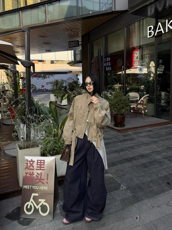 25春秋新款感卡其色工装巴恩风外套女2025新款立领机车显瘦夹克|undefined