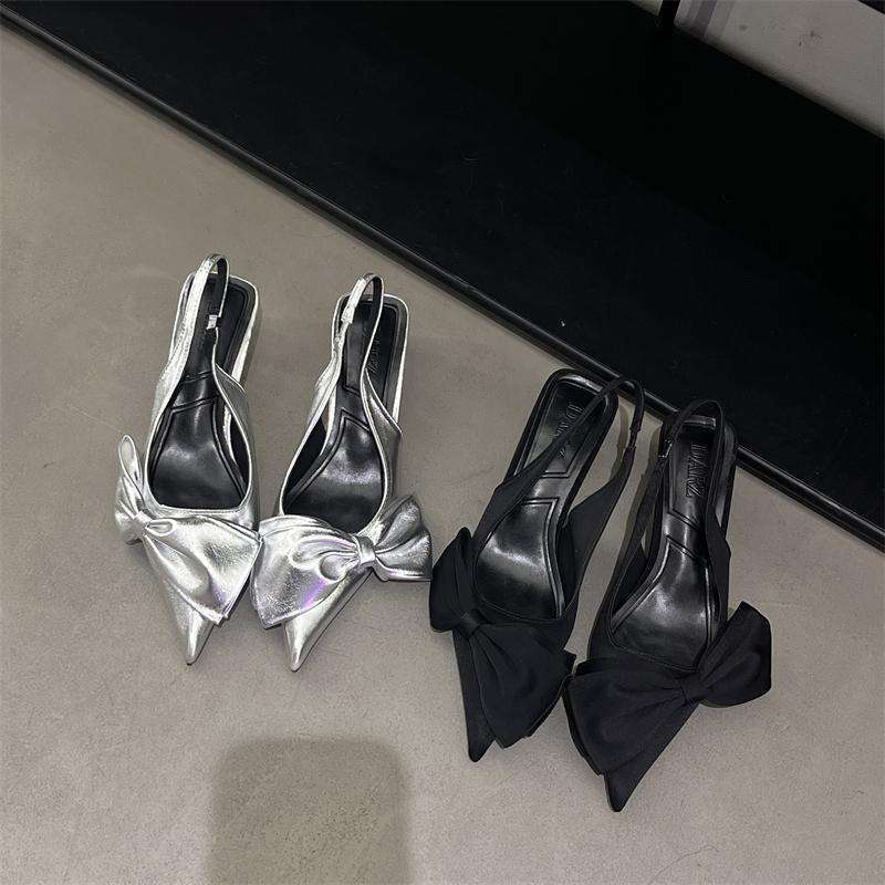 2025 Spring and Summer New Style Bow Pointed Toe Stiletto Medium Heel Flats High Heel Shallow Mouth Women's Shoes Sweet Style Daily Wear