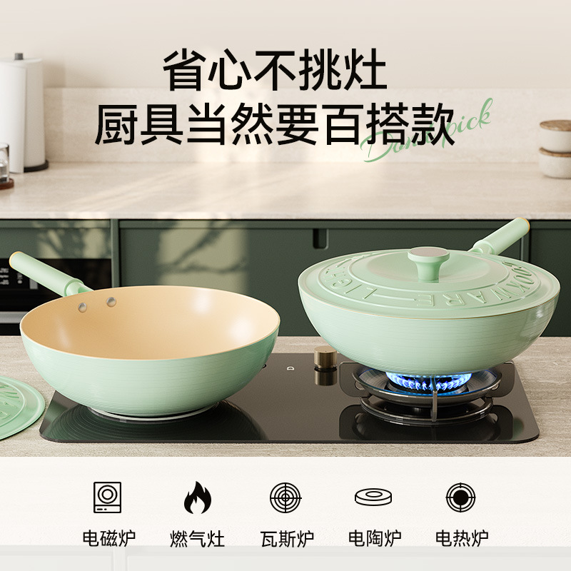 Nueva sartén antiadherente que contiene titanio, freír wok de alto valor 0 sartén recubierta de flúor, sartén de estufa universal al por mayor