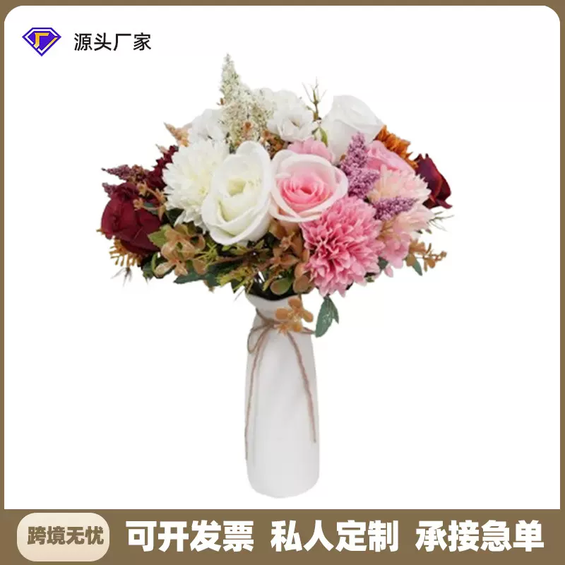 跨境欧式田园装饰手捧玫瑰花仿真花花束客厅茶几家居餐桌花艺摆件