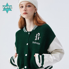 安德烈原创潮牌女装短款美式复古国潮针织外套拼接PU袖秋冬棒球服