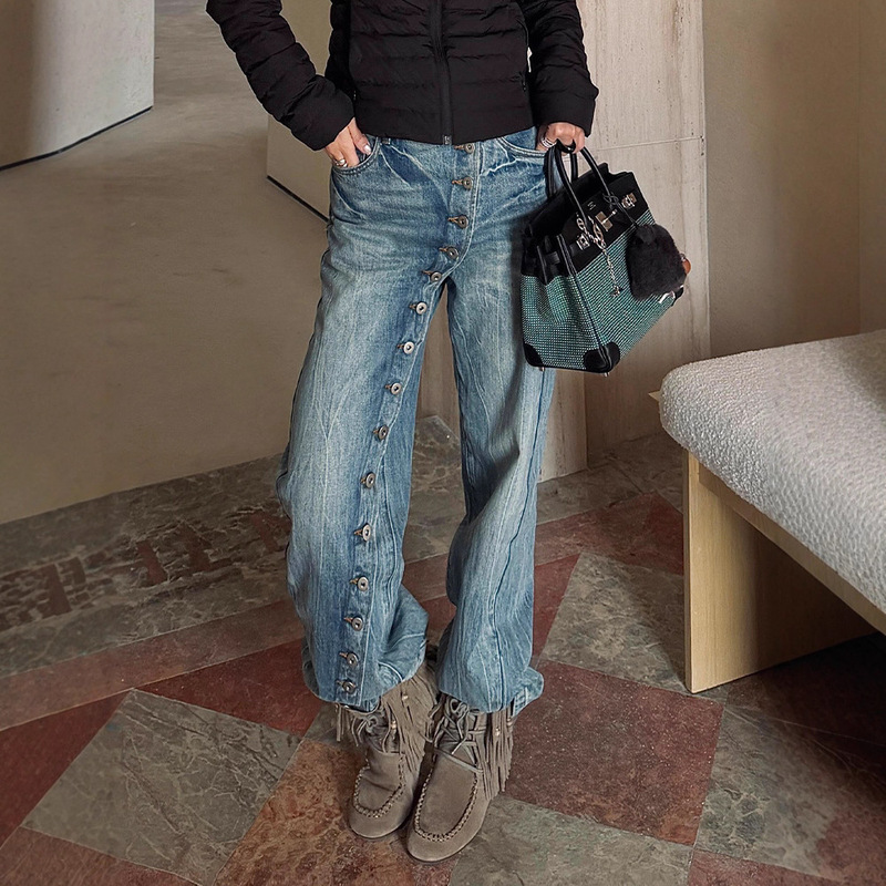 American-Style Spicy Girl Niche Design Jeans for Women, Vintage Washed with Diagonal Placket Buttons, Casual Floor-Length Pants