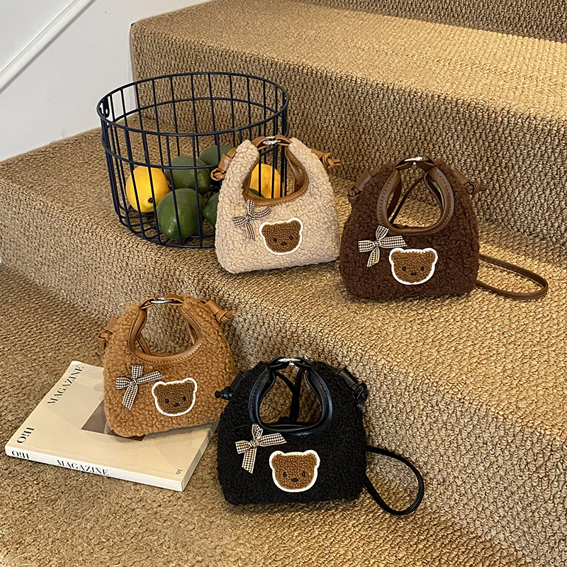 Otoño y invierno lindos bolsos de peluche para niños de dibujos animados osos arco niñas bolsos de hombro mini bolsos de bebé