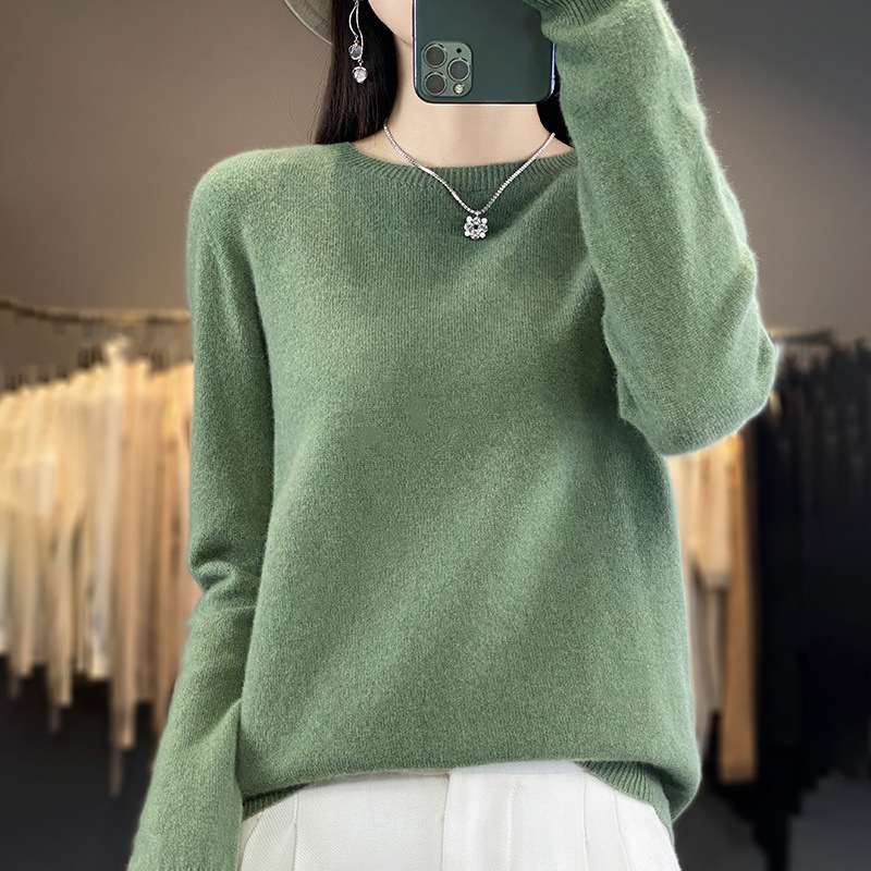 Otoño e Invierno 100% suéter de lana pura de las mujeres de cuello redondo Jersey corto de lana de manga larga suéter recto suéter a juego ropa exterior