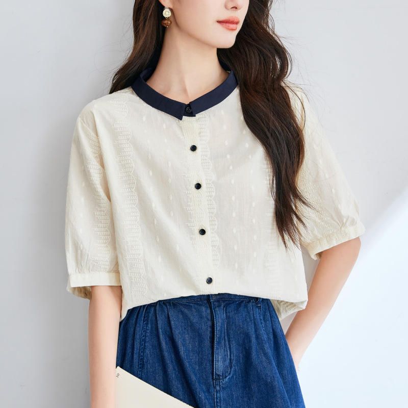 Cotton Cocoon Color-Blocked Collar Embroidered White Shirt 2026 Summer New Style Commuter Casual Women's Korean Style Versatile Cardigan Shirt Cotton Cocoon Color-Blocked Collar Embroidered White Shirt 2026 Summer New Style Commuter Casual Women's Korean Style Versatile Cardigan Shirt