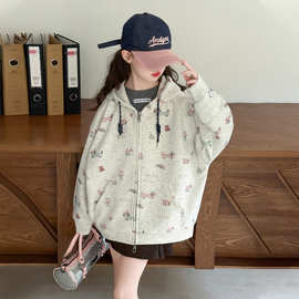 女孩春季抽绳连帽外套衫中大童韩版宽松腊肠狗宽松百搭甜美拉链衫