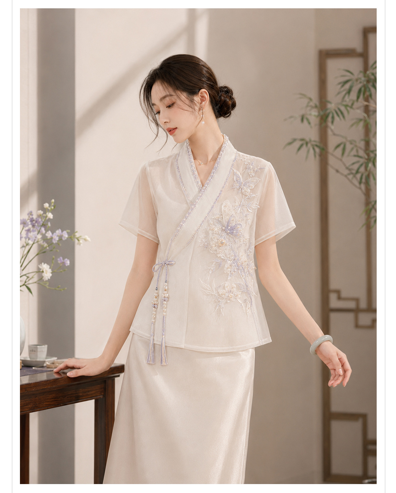 Áo sơ mi nữ cổ chữ V thêu túi, tua nút — màu mơ chi tiết 7