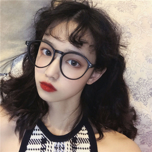 Café-color rice grain round frame glasses, bare face non-prescription glasses, trendy girl style glasses frame