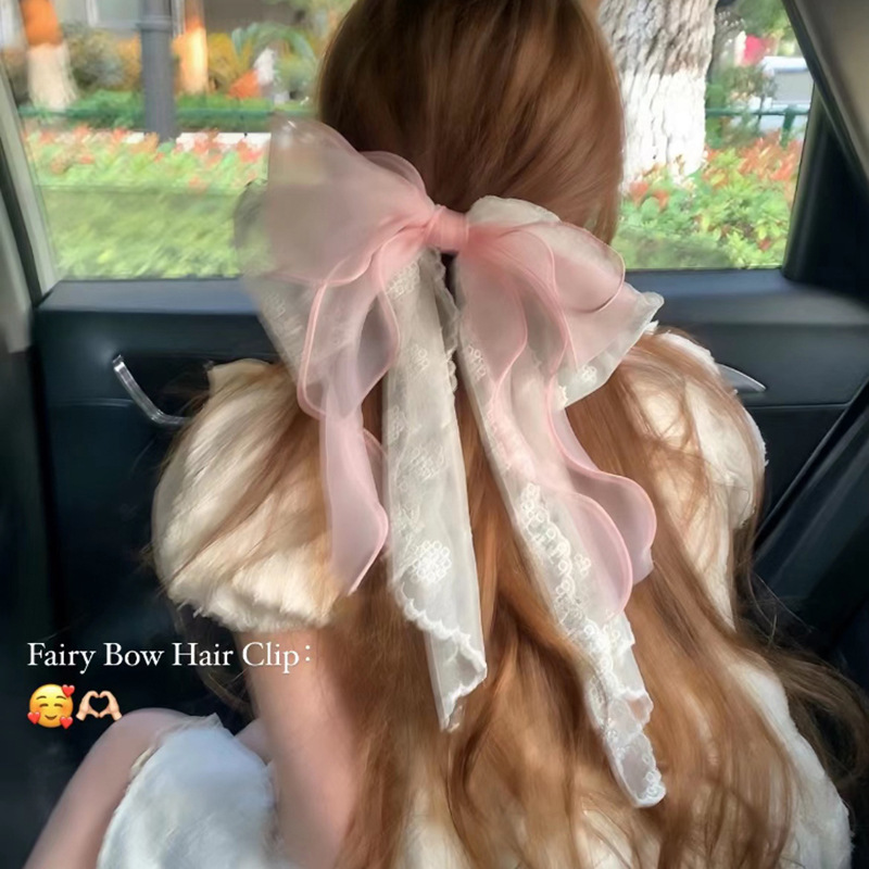 Lace pink printed bow ribbon hairpin women's large back spoon spring clip French temperament hairpin hair accessories_voghion.com