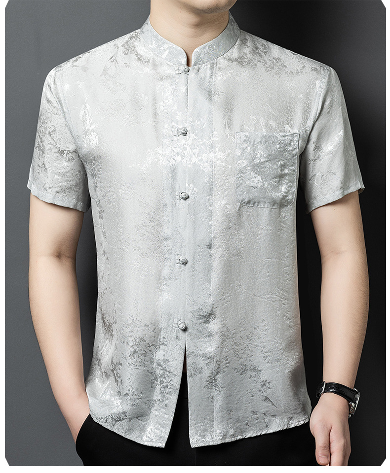 Áo sơ mi nam cổ đứng tay ngắn chất lụa tơ tằm jacquard phong cách Trung Hoa — Màu xám 25169 chi tiết 16