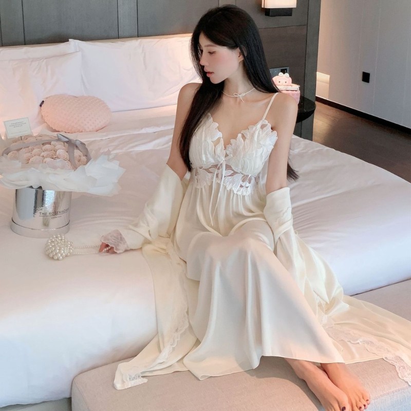 法式浪漫吊带睡裙超长女带胸垫宫廷风睡袍丝质两件套高级感睡衣|undefined
