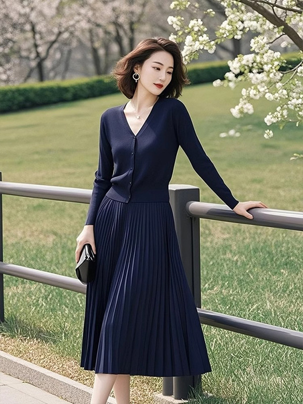 深蓝色针织套装女装2025秋季新款韩版开衫上衣百褶半身裙子两件套|undefined