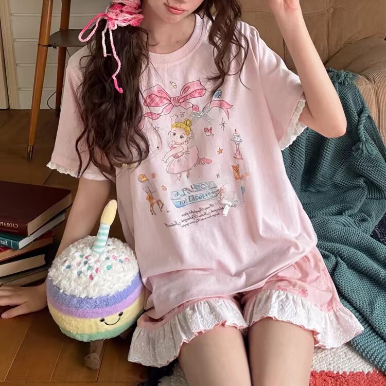 New Summer Ladies Cute Cartoon Dancing Girls Short Sleeve Shorts Pajamas Home Clothes suit Outer Wear