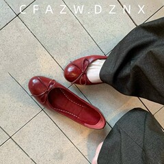 2025新款~法式真皮复古蝴蝶结单鞋女秋新款平底浅口芭蕾玛丽珍鞋