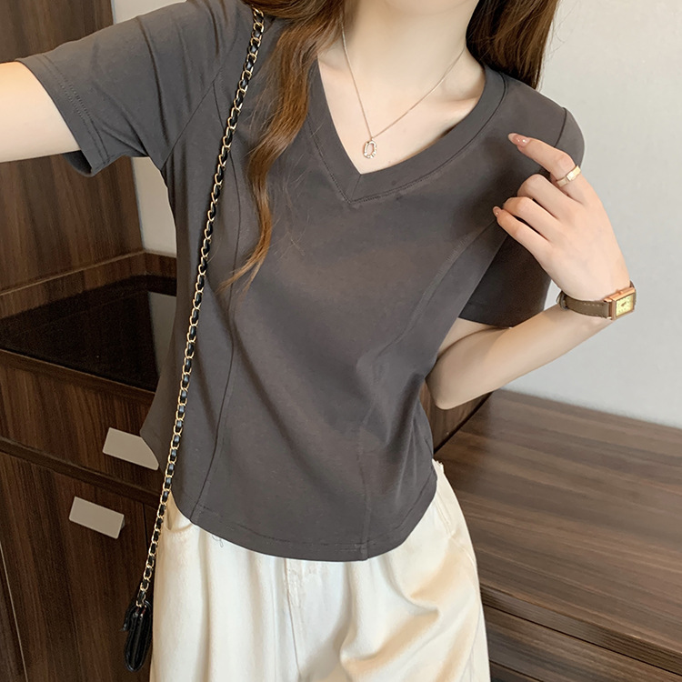 Short-Sleeved T-Shirt for Women in Summer Asymmetrical V Neck Fat mm Slimming Look Right Shoulder Short Top Small Bottoming Shirt Ins Trbottomy