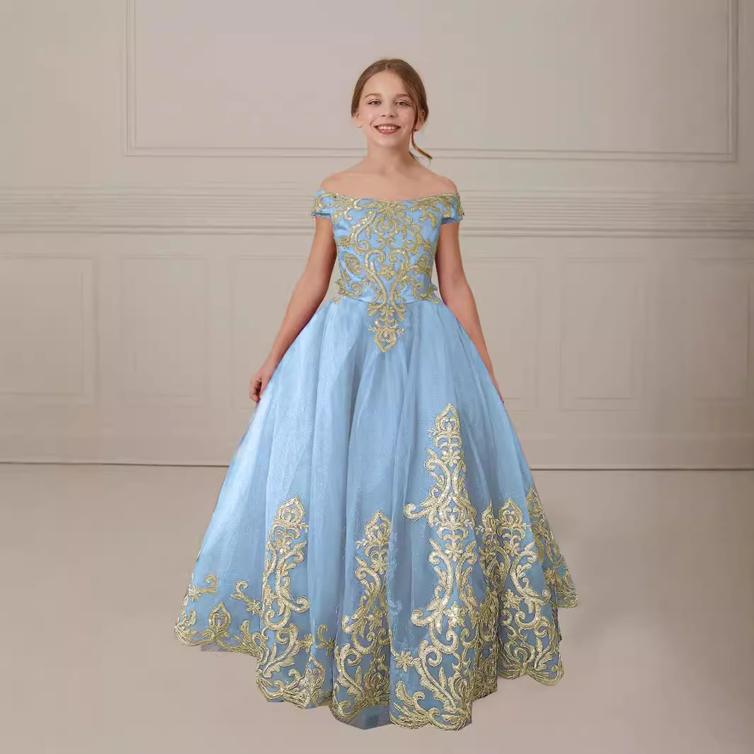 Vestido de niños europeo y americano, cuello de encaje, niña de las flores, anfitrión de piano para niños, fiesta de actuación, princesa larga, esponjoso