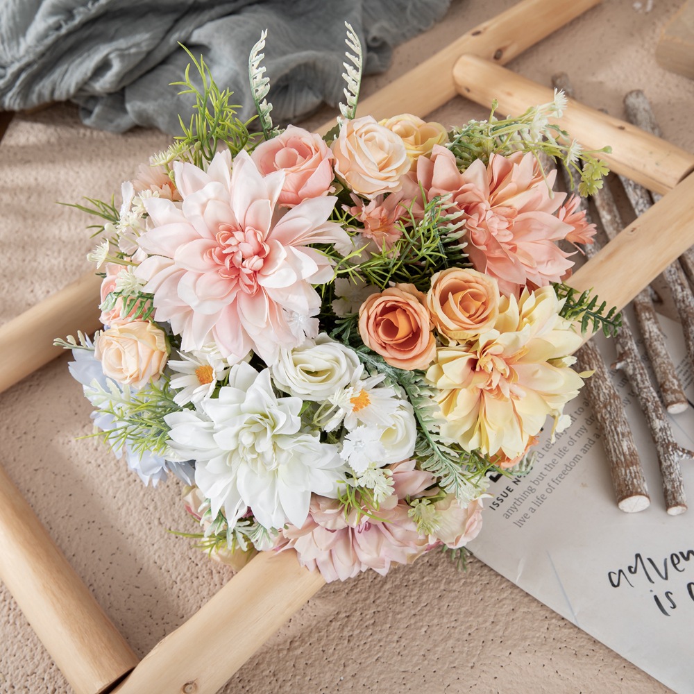 廠家大麗花束仿真花家居裝飾婚慶手捧花玫瑰花牆假花INSMW66793