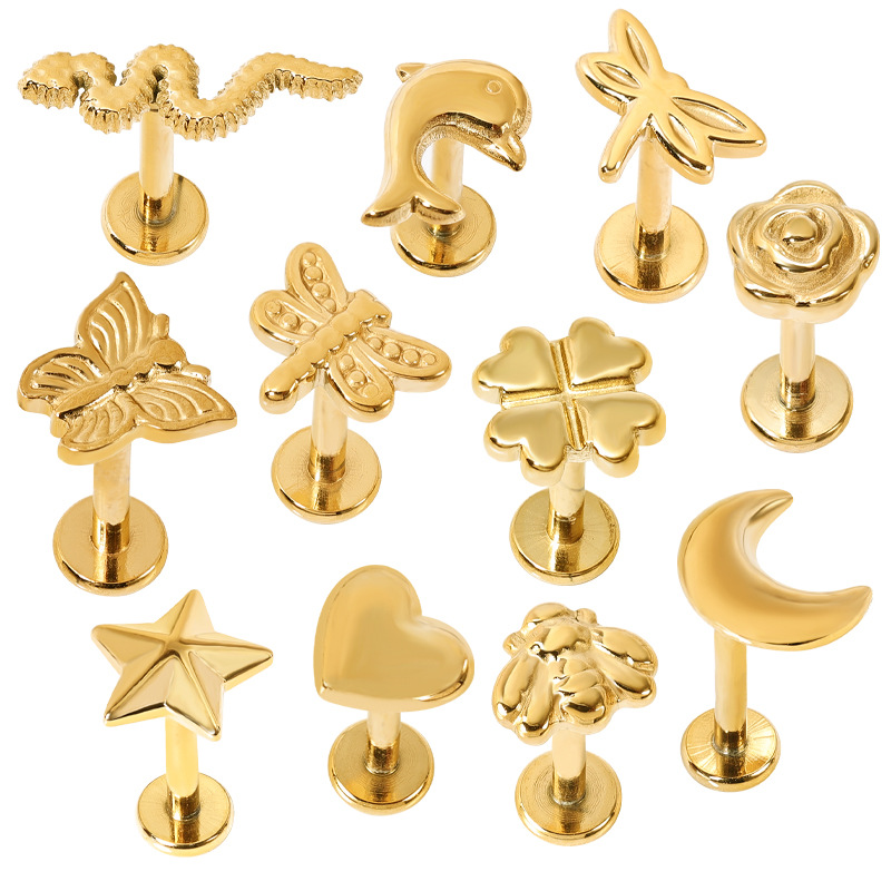 2024 New 18K Gold Lip Nail Stainless Steel Lip Piercing Jewelry, Lightning Design CZ Lip Labret Stud for Women detail image 8