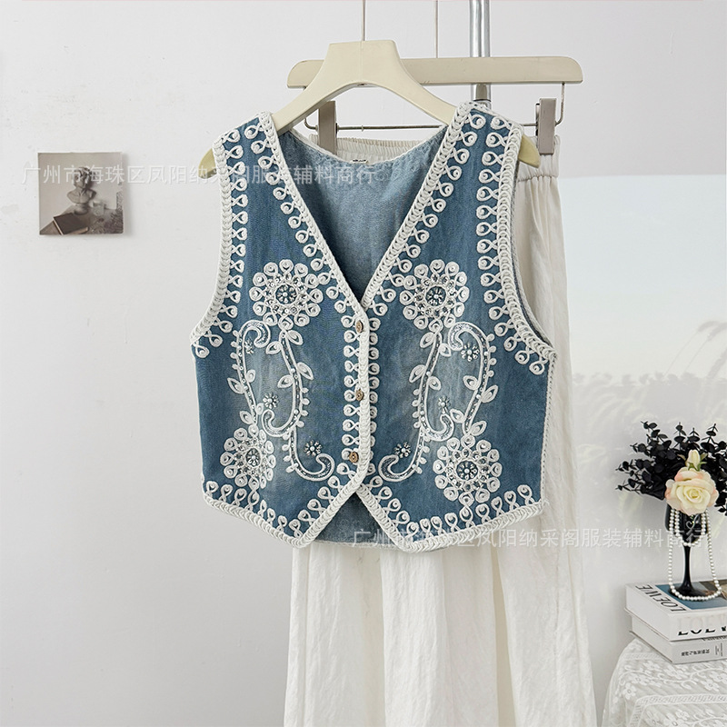 Chinese Style Retro Embroidered Shiny Denim Vest for Women Summer 2025 Foreign Style Age-Reducing Loose Short Top