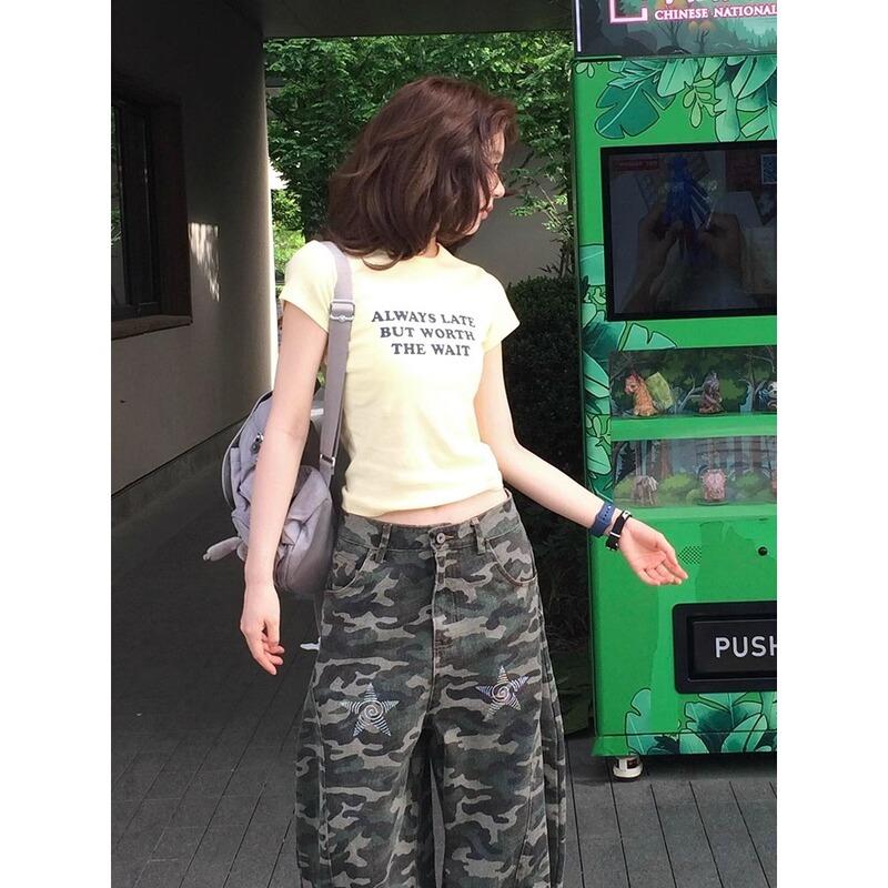 ドーパミンイエロープリント右肩半袖 Tシャツ女性のための夏 2025 スリムフィットホットガールピュアコットンボトリングトップ|undefined