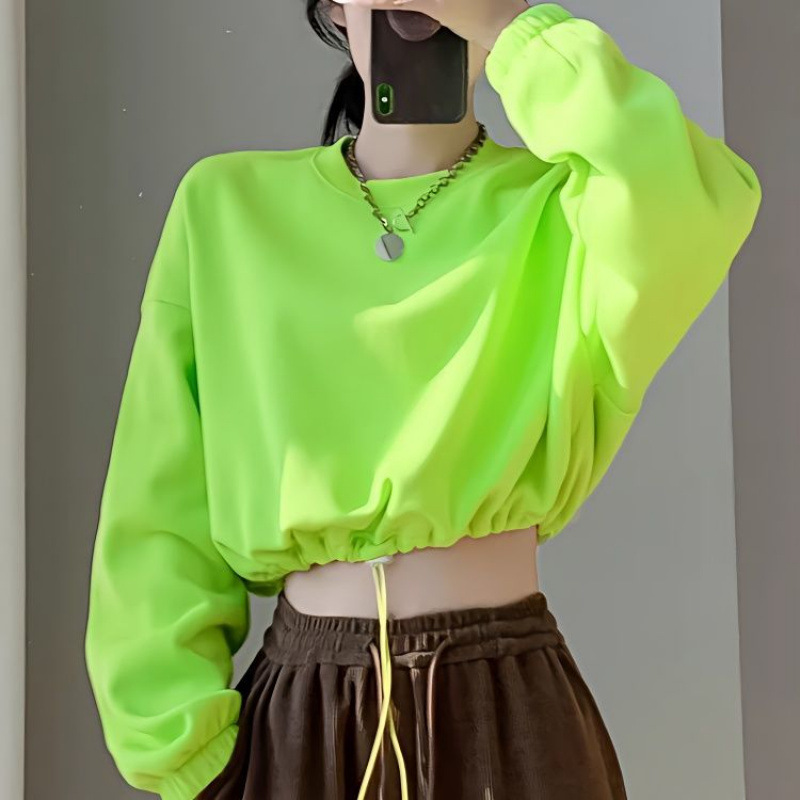 Spring fashionable trend short solid color green sweatshirt with a…