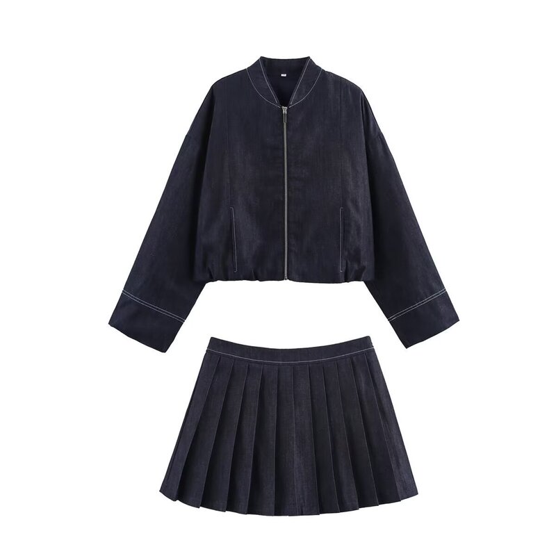 Wholesale New European and American Women's Clothing: Balloon-Style Denim Bomber Jacket + Wide-Pleated Denim Skirt Pants Two-Piece Set