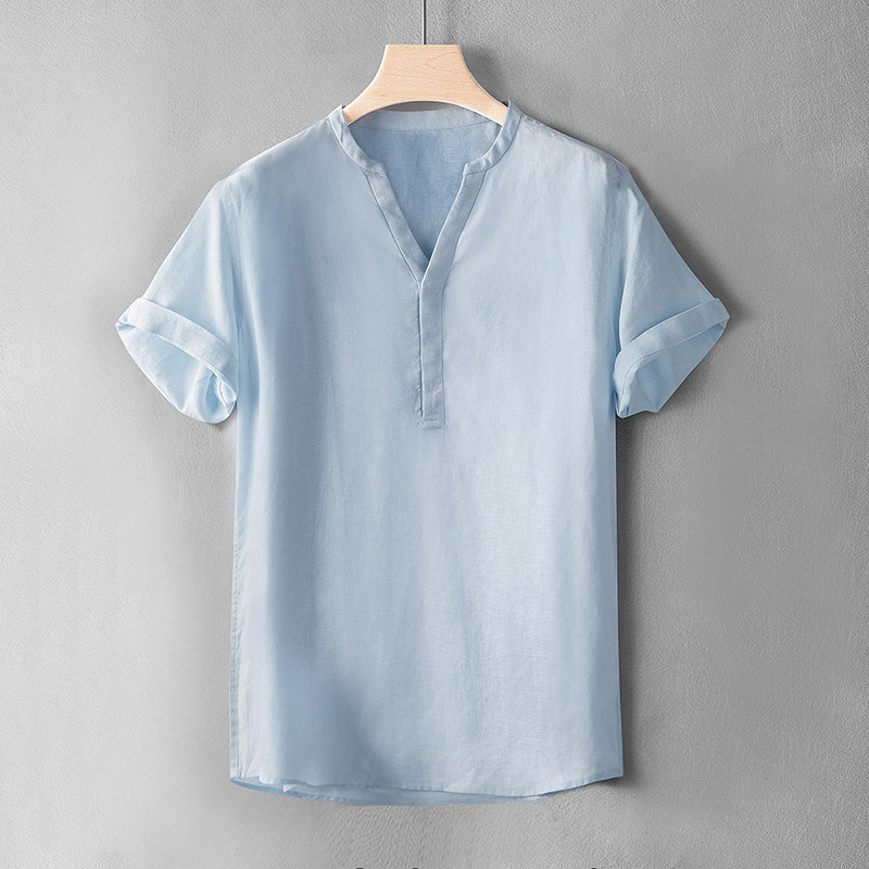 Summer Linen Thin Short-sleeved V-neck Casual T-shirt Men's Stand Collar Pullover Shirt Vintage Breathable Half-sleeved Top