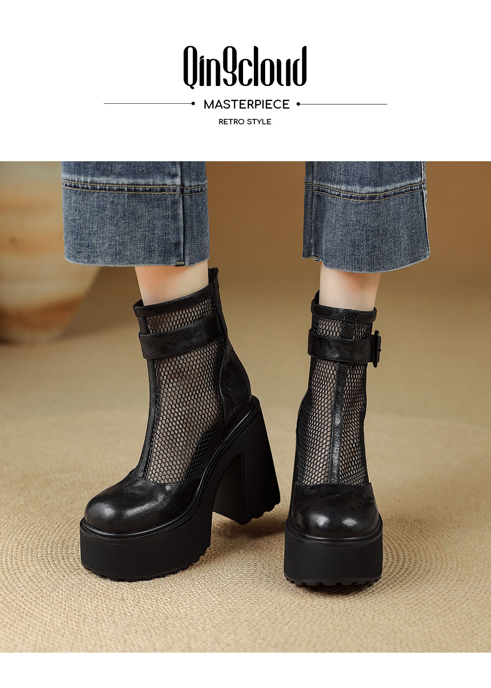 Boot nữ đế dày hở mũi phong cách La Mã da thật lưới thoáng khí kéo khóa trước mùa hè cổ thấp — màu đen chi tiết 2