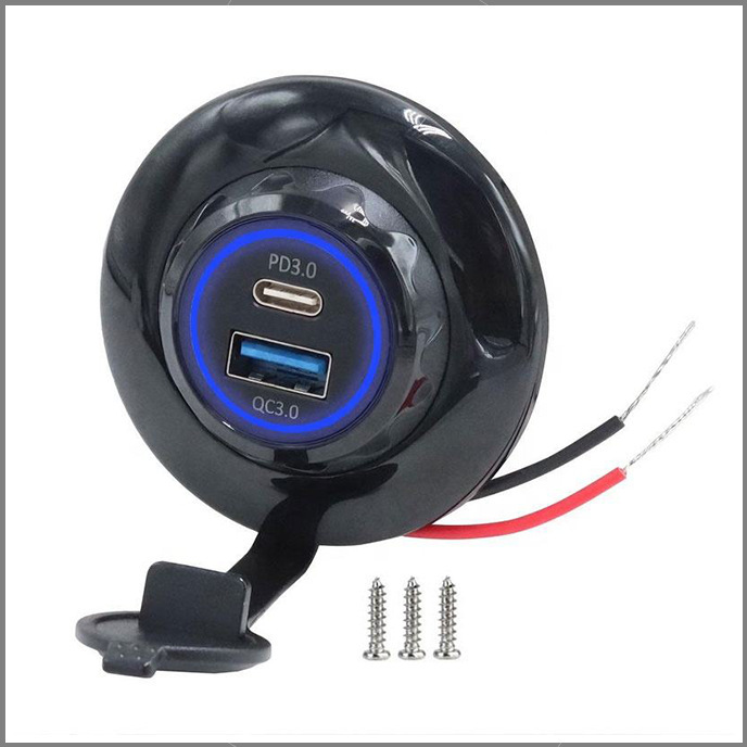 Panel Mount Flat Round Dual USB Quick Charge 3.0 Port and Pd Usbc Car Charging Socket 12V